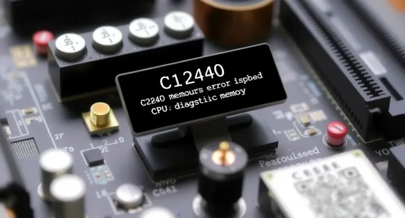 A close-up, detailed illustration of a computer motherboard with a highlighted C1240 error code displayed on a small diagnostic screen. Focus on the components related to memory and CPU, suggesting a hardware issue. The background should be blurred, emphasizing the motherboard.