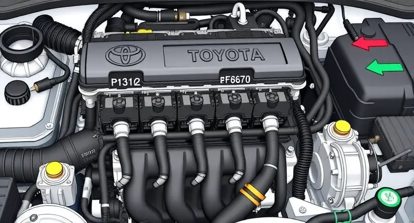 A detailed technical illustration of a Toyota engine showing the ignition system with highlighted error code P1315, including visible spark plugs, ignition coils, and wiring, rendered in a clean, high-quality technical diagram style with realistic lighting and precise engineering details