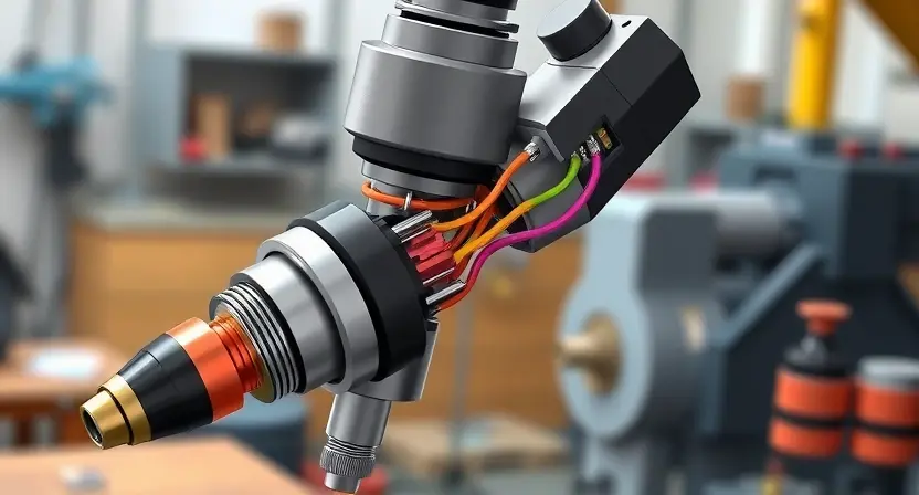 A detailed illustration of a fuel injector with a visible high-voltage electrical connection. The injector should be depicted in a clean, technical style, highlighting the internal components related to the control circuit. Focus on the electrical pathway and the potential for signal interference. The background should be a neutral, slightly blurred workshop environment.