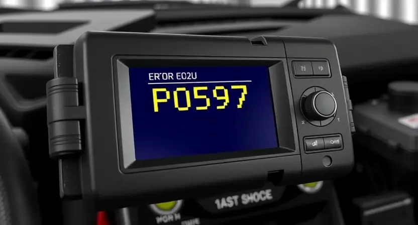 A detailed illustration of a car's engine control unit (ECU) with a highlighted P0597 error code displayed on a diagnostic screen. The background should be a slightly blurred garage setting.