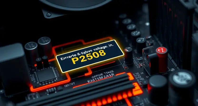 A close-up, detailed illustration of a computer motherboard with a highlighted error code P2508. Focus on the components related to power supply and voltage regulation. Subtle glowing lines indicate potential problem areas. The background should be dark and slightly blurred to emphasize the motherboard.