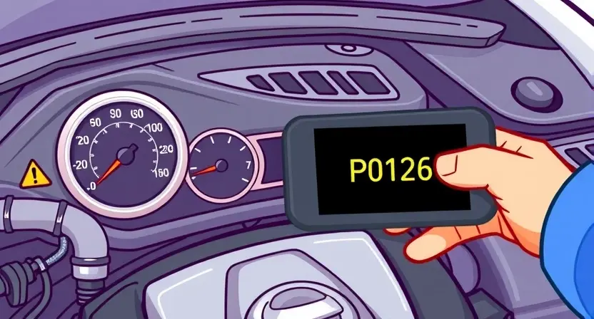 A high-quality technical illustration showing a car engine with a temperature gauge indicating insufficient coolant temperature, a warning light on the dashboard, and a mechanic's hand holding a diagnostic scanner displaying the P0126 error code, all rendered in a clean, detailed style with realistic lighting and no text or numbers on the image