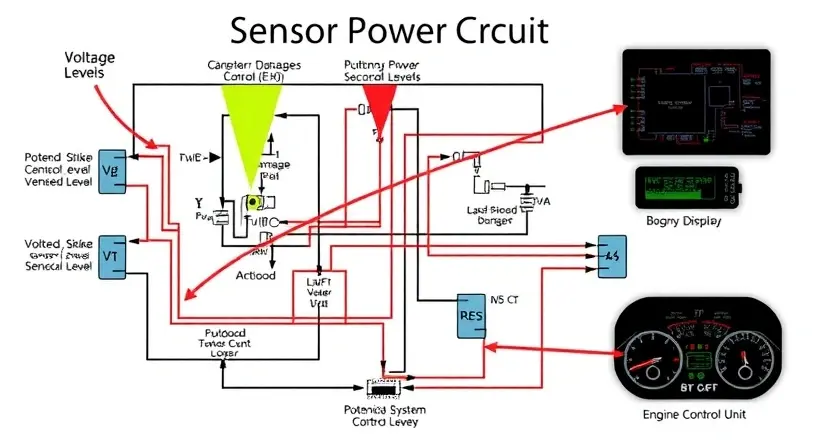A complex schematic diagram of a sensor power circuit, highlighting the potential for high signal levels. Include visual representations of voltage spikes, potential damage to electronic components, and the impact on vehicle systems (e.g., dashboard display, engine control unit). Focus on technical accuracy and clarity.