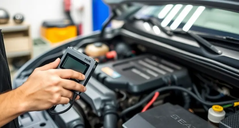 A mechanic is using a diagnostic scanner to read data from a car's engine control unit (ECU). The focus is on the engine bay, showing the ECU connected to the scanner, with wires and sensors visible. The background shows a clean, well-lit garage environment. The image should convey a sense of technical expertise and problem-solving.