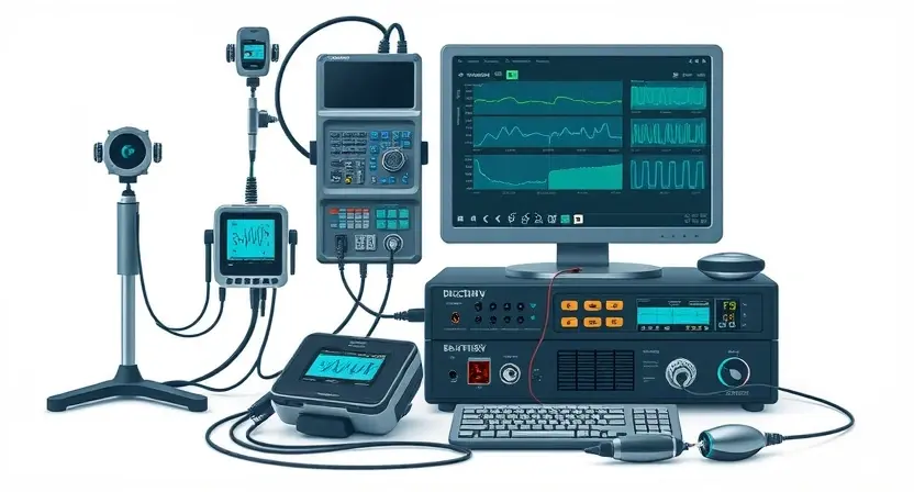 A detailed illustration of diagnostic equipment, specifically focusing on a computer connected to various sensors and monitoring devices. The equipment should be arranged on a clean, white background. Include visual representations of data being displayed on a screen, showing graphs and readings.