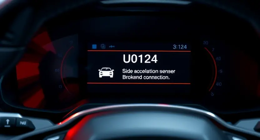 A modern car dashboard with a warning light indicating U0124 error code, showing a side acceleration sensor icon with a broken connection symbol, set in a dimly lit garage environment with diagnostic tools nearby, realistic lighting, high detail, no text or numbers visible on the screen or surroundings