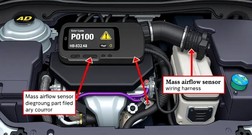 A high-quality technical illustration showing a car engine bay with a diagnostic scanner displaying error code P0100, highlighting the mass airflow sensor and wiring harness, with clear labels and arrows indicating components, in the style "HQ-832-448-h"