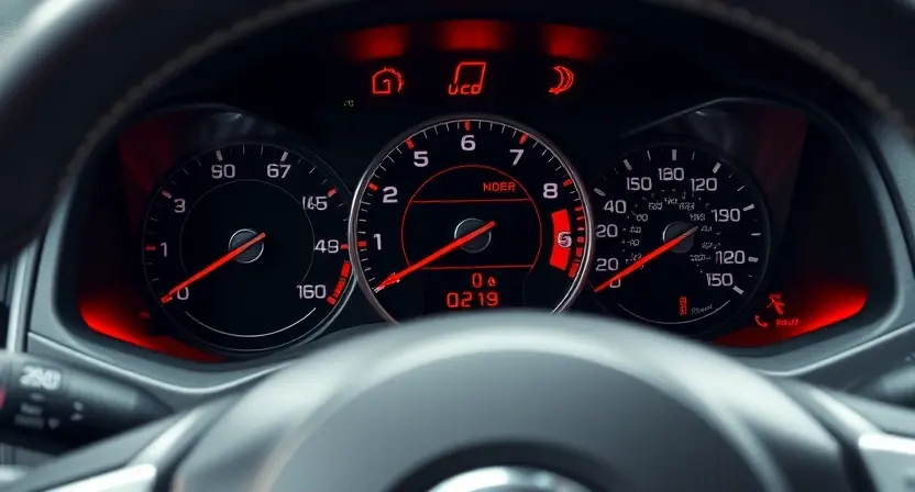 A close-up, detailed shot of a Nissan vehicle's dashboard, specifically highlighting the instrument cluster and any warning lights illuminated. The focus should be on the area where a diagnostic error code might be displayed. The car should be clean and modern looking.