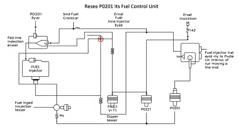 A detailed schematic diagram of an engine's fuel injection circuit, highlighting the P0201 error code and the control unit. Include visual representations of the fuel injectors, sensors, and wiring. The diagram should be clean, well-labeled, and illustrate the circuit's functionality.