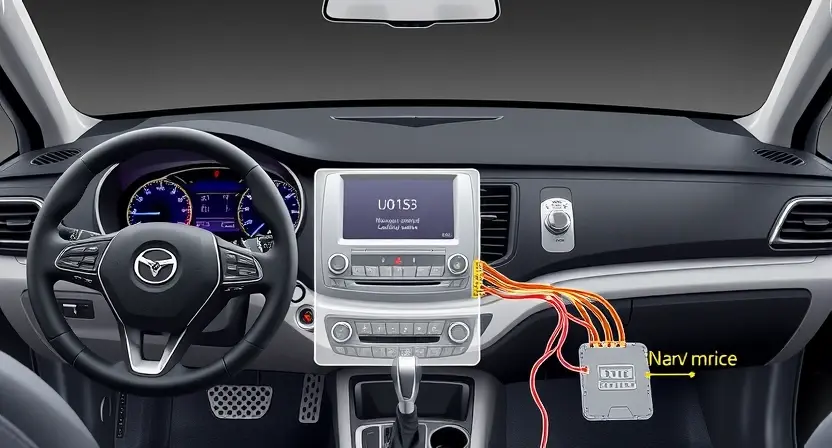 A high-quality technical illustration showing a modern car interior with a dashboard displaying an error code U0163, highlighting the navigation control module and wiring connections, clean lines, detailed components, professional lighting, no text or numbers on the image