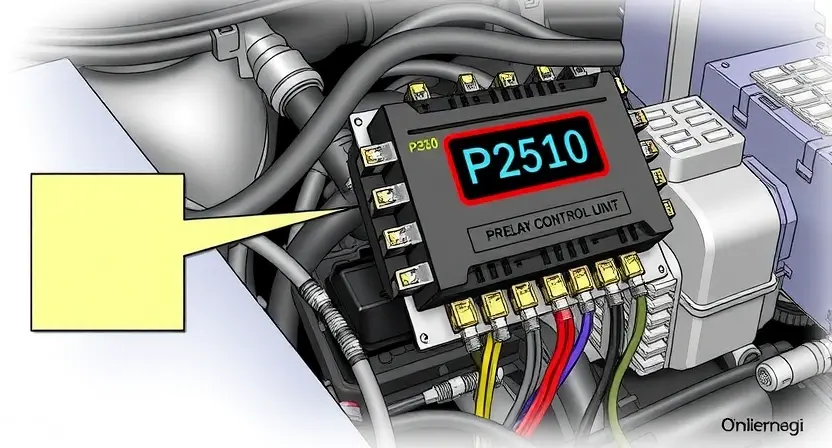 A detailed illustration of an automotive engine control unit (ECU) with a focus on the relay control system. The image should depict the ECU's internal components, highlighting the relay connections and wiring. Include visual cues representing the P2510 error code, such as a warning light or a digital display showing the error. The overall aesthetic should be technical and informative, suitable for a repair manual or educational material.