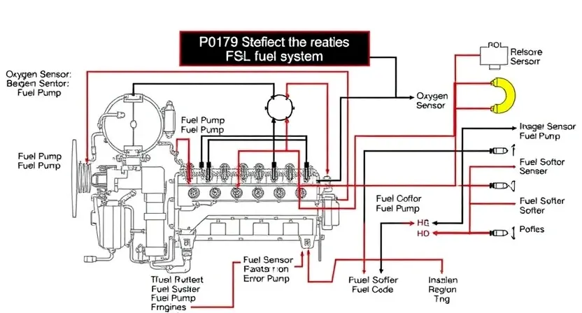 A detailed schematic diagram of an automotive engine's fuel system, highlighting the P0179 error code and related components like the fuel pump, fuel injectors, and oxygen sensors. The diagram should be clean, well-labeled, and visually represent the system's flow.