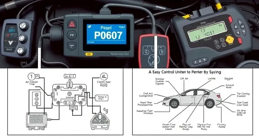 A detailed illustration of a car's engine control unit (ECU) with various diagnostic tools connected. Focus on the ECU's display showing a P0607 code, alongside a schematic diagram of the vehicle's systems.