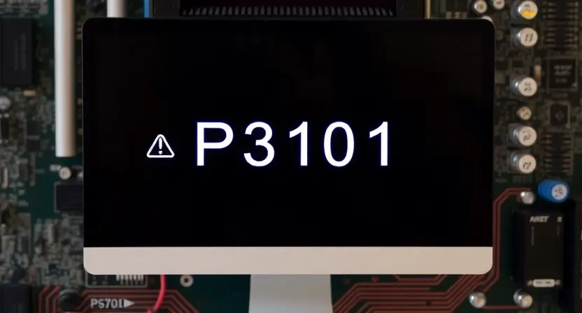 A computer monitor displaying a technical error message "P3101" with a circuit board background. Focus on the error message and the underlying hardware.