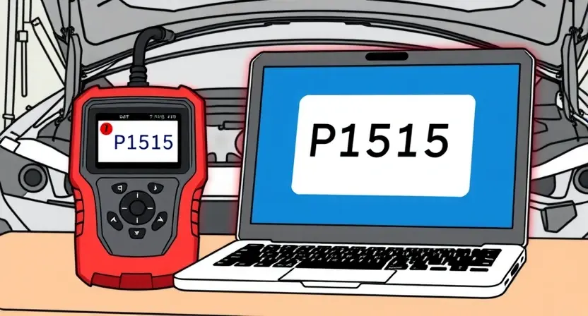 A high-quality technical illustration showing an automotive diagnostic scanner displaying error code P1515 on a laptop screen, with a car engine bay in the background, clean lines, technical details, no text or numbers on the image, professional automotive repair theme
