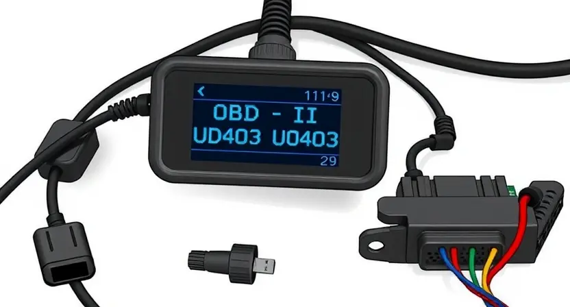 A high-quality technical illustration showing a car's OBD-II diagnostic scanner displaying error code U0403, with surrounding automotive components like wiring harnesses and connectors, clean white background, professional lighting, no text or numbers on image