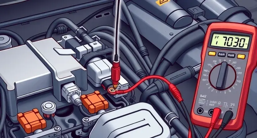 A detailed technical illustration of a car engine solenoid circuit with a visible broken wire, showing electrical components like the solenoid, wiring harness, connectors, and a multimeter probing for continuity, set against a clean automotive workshop background with soft lighting and no text or labels