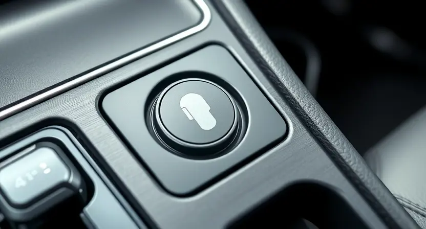 A close-up photograph of a car's center console, specifically focusing on the electronic parking brake button and surrounding wiring. The image should clearly show the button itself, the cable connecting it to the system, and any visible components of the electronic handbrake mechanism. The lighting should be bright and even to highlight the details.