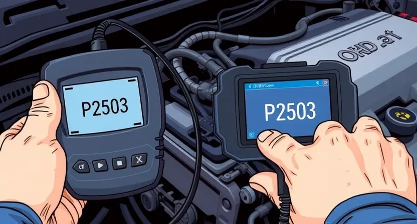 A detailed illustration of a car engine diagnostic tool connected to a vehicle's OBD-II port, with a close-up view of the error code P2503 displayed on the tool's screen. The scene should include a mechanic or technician examining the diagnostic tool, with various engine components visible in the background. The image should convey a sense of professional diagnosis and troubleshooting.