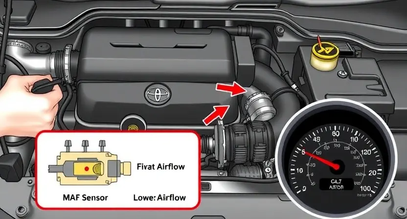 A detailed illustration of a car's engine bay, highlighting the Mass Air Flow (MAF) sensor. The MAF sensor should be clearly visible, with arrows indicating the airflow path. Include a simplified diagram showing the sensor's internal components and how it measures airflow. Also, depict a dashboard gauge showing a low airflow reading. Focus on technical accuracy and clarity.