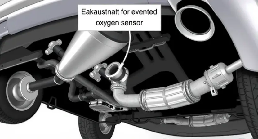 A detailed diagram illustrating the location of the oxygen sensor in a car's exhaust system. The diagram should clearly show the sensor's position relative to the catalytic converter and other engine components. Include labels identifying the key parts of the exhaust system and the oxygen sensor itself. The image should be clean and easy to understand, focusing on the mechanical aspects of the vehicle.