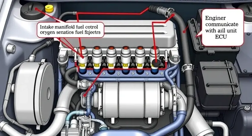 A detailed illustration of an engine's fuel system, specifically highlighting the components related to air-fuel mixture control. Show a diagrammatic representation of the intake manifold, fuel injectors, oxygen sensors, and the engine control unit (ECU) communicating with these components. Emphasize the flow of air and fuel, and the sensors monitoring the mixture. Focus on the internal workings and connections, avoiding external vehicle shots.