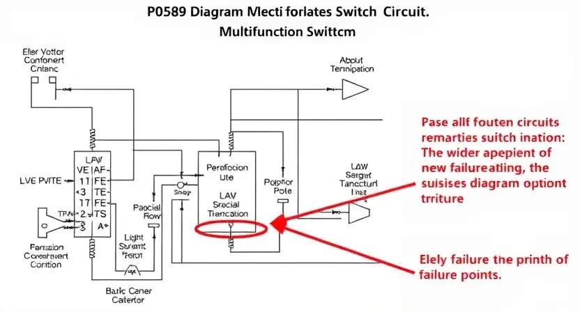 A detailed schematic diagram of a multi-function switch circuit, highlighting the P0589 error code and potential failure points. The diagram should be clean, well-labeled, and visually represent the electrical connections and components. Focus on the internal workings of the switch and the associated circuitry.