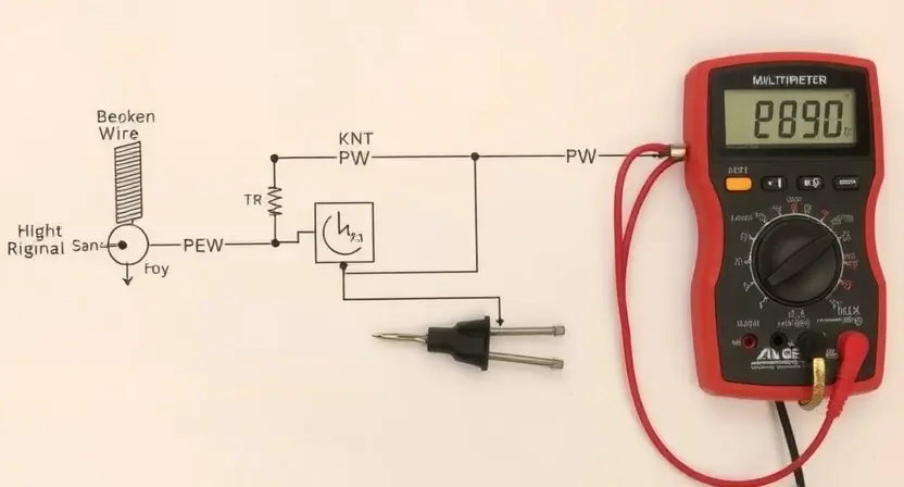 A detailed schematic diagram illustrating a temperature sensor circuit with a broken wire and corroded connections. The diagram should show the sensor, wiring, and a multimeter displaying a high signal reading. Focus on the physical representation of the damaged components and the electrical connections.