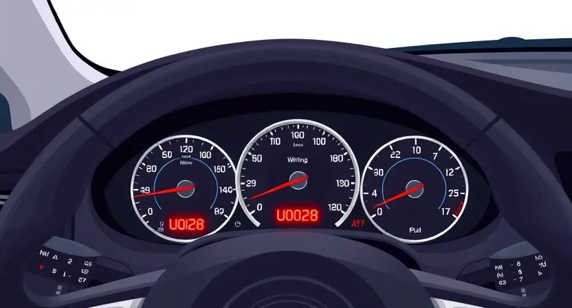 A detailed illustration of a car's dashboard with a prominent warning light displaying 'U0028' code. Focus on the dashboard elements, including gauges, buttons, and the warning light itself. The car interior should be clean and modern.