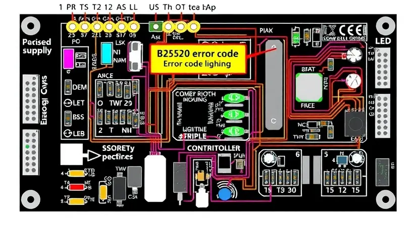A detailed schematic diagram of a background multi-color lighting controller circuit board, highlighting the B2520 error code location. Include visual cues representing power supply, LED drivers, and control circuitry.