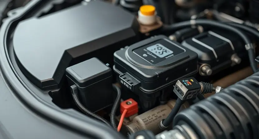 A close-up, detailed image of a car's engine bay. Focus on the engine control unit (ECU) and related sensors. The image should convey a sense of technical precision and diagnostic inspection. Include subtle visual cues suggesting a potential issue, like a slightly disconnected sensor wire or a faint discoloration on a component.