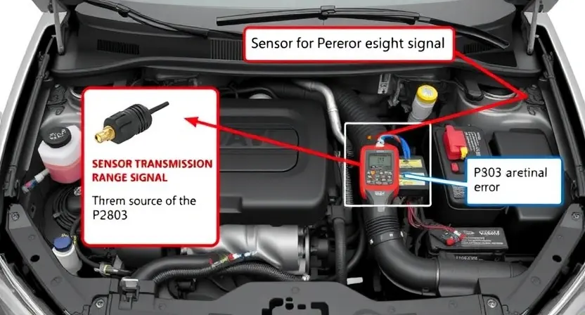 A detailed illustration of an automotive engine bay with a focus on the sensor and transmission range signal. Include visual representations of the sensor, wiring, and diagnostic tools. The image should depict a clear and organized layout, highlighting the potential source of the P2803 error.