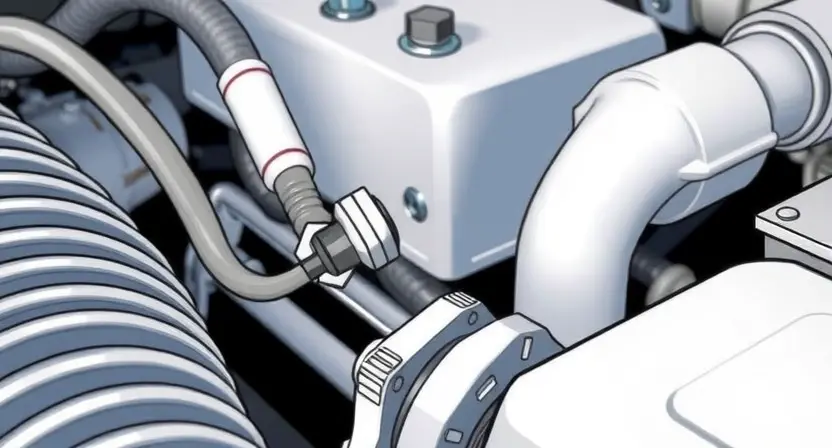 A close-up, detailed illustration of a car's engine bay, focusing on the coolant temperature sensor and its wiring. The sensor should be clearly visible, along with surrounding hoses and components. The overall lighting should be bright and clean, highlighting the sensor's details.