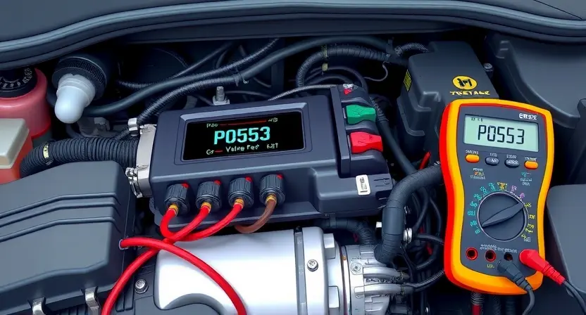 A detailed illustration of an automotive engine bay with a focus on the engine control unit (ECU) and wiring harness. The ECU should be clearly visible, with diagnostic lights illuminated, indicating a P0563 error. Wires and connectors should be depicted in a realistic manner, showing potential points of connection or damage. A multimeter displaying voltage readings near the ECU could be included. The overall lighting should be bright and informative, highlighting the components.
