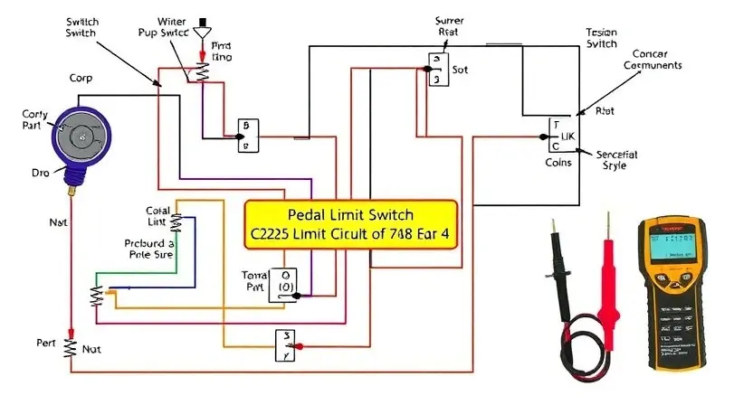 A detailed schematic diagram of a pedal limit switch circuit, highlighting the C2125 error. Include labeled components like the switch, wiring, and diagnostic tools. Focus on clarity and precision in representing the circuit's connections.