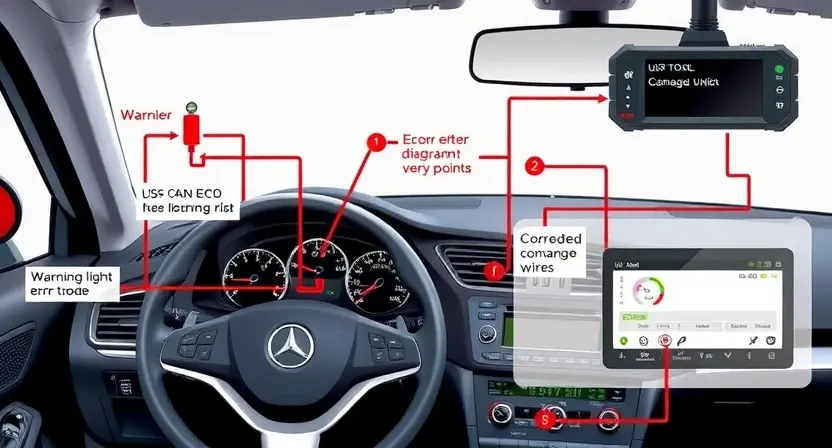 A detailed technical illustration of a vehicle's LS-CAN communication system showing wiring harnesses, electronic control units (ECUs), and diagnostic tools connected to a car's dashboard, with visual indicators of a U0020 error code (e.g., warning light, error message on scan tool screen), circuit diagrams highlighting potential fault points like corroded connectors or damaged wires, all in a clean, professional automotive service environment