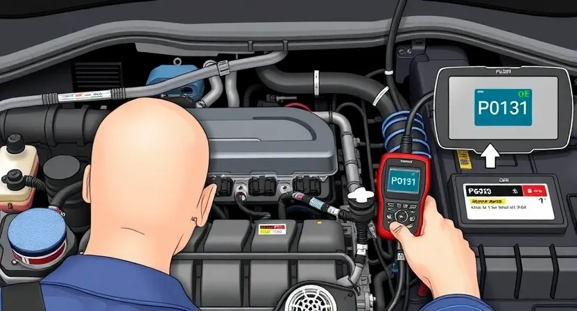 A detailed illustration of a car engine bay with a mechanic inspecting the engine control unit (ECU) and related wiring. Focus on the sensors and components associated with the O2 sensor system. The image should clearly show the location of the O2 sensor and its wiring harness. Include diagnostic tools like a scan tool displaying a P0131 error code.