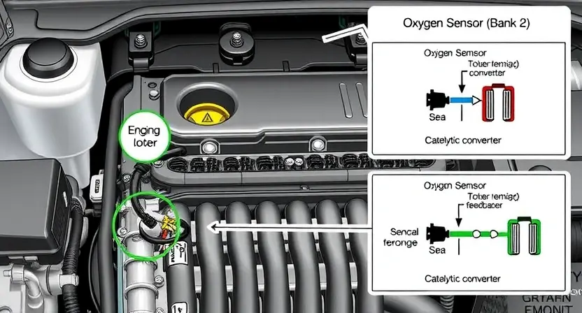 A detailed illustration of an automotive engine bay, specifically highlighting the oxygen sensor in Bank 2. The sensor should be clearly visible, with labels indicating its function and connection points. Include diagrams showing the sensor's role in the engine's feedback loop and its relationship to the catalytic converter. The overall aesthetic should be technical and informative, suitable for a repair manual or online tutorial.