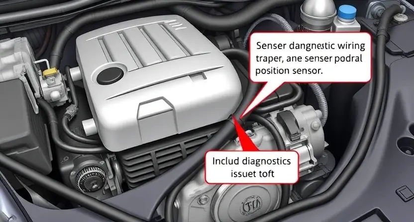 A detailed illustration of a car's engine bay, focusing on the sensor wiring and the position sensor itself. The sensor should be clearly visible, connected to a wiring harness. Include a diagnostic tool connected to the sensor to indicate a potential issue. The background should be slightly blurred to emphasize the engine components.