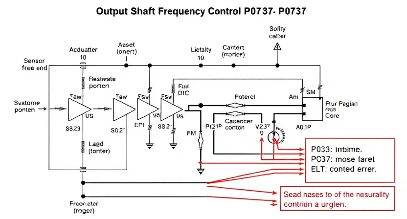 A detailed schematic diagram of a car engine's output shaft frequency control circuit, highlighting the P0737 error code and potential causes. Include visual representations of sensors, actuators, and wiring.