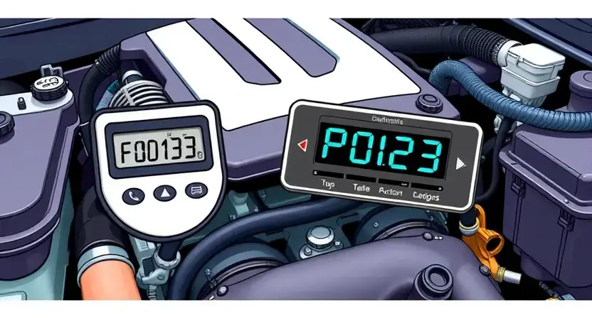 A detailed illustration of a car's engine bay with a diagnostic code reader displaying 'P0123'. The engine should be partially visible, showcasing components like the intake manifold and hoses. Focus on clarity and technical accuracy.