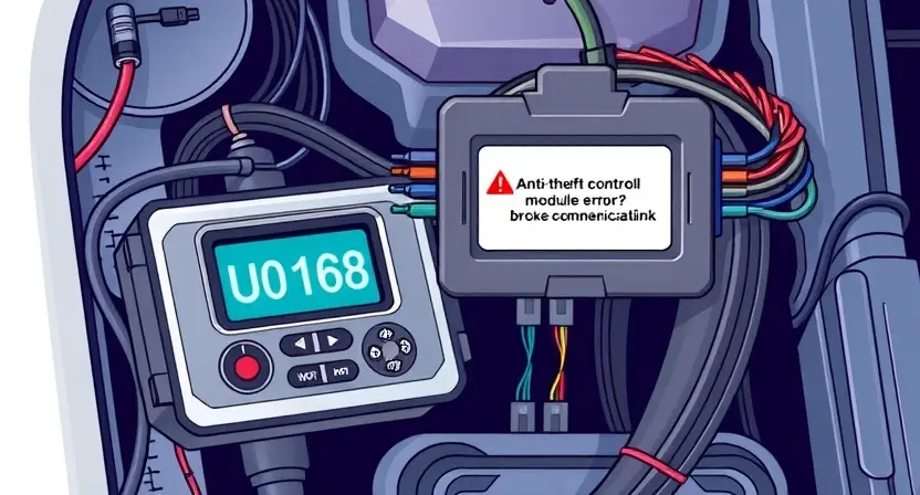 A high-quality technical illustration showing a car's anti-theft control module (U0168 error) with a broken communication link, featuring a diagnostic scanner displaying error code U0168, wiring harnesses, and warning lights, all rendered in the style "HQ-832-448-h"