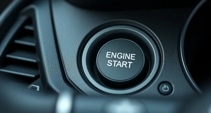 A close-up of a car's engine start button on the dashboard, showing signs of wear or malfunction, with subtle visual indicators like a faint red warning glow or a slightly stuck mechanism, set in a modern vehicle interior with soft ambient lighting, no text or symbols visible on the button or surroundings