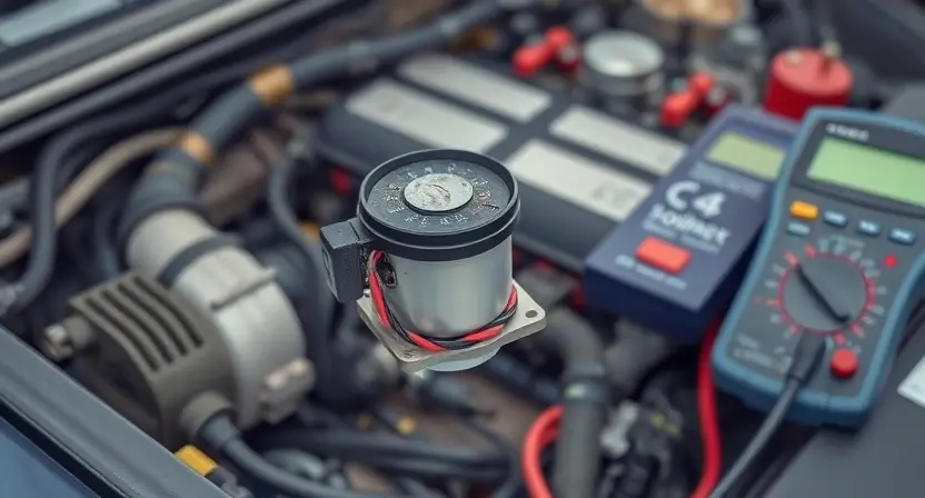 A detailed illustration of a car engine bay with a focus on a faulty solenoid. The solenoid is visibly damaged, with wires disconnected or broken. Surrounding the solenoid are diagnostic tools and a multimeter, indicating troubleshooting is in progress. The background should be slightly blurred to emphasize the solenoid.