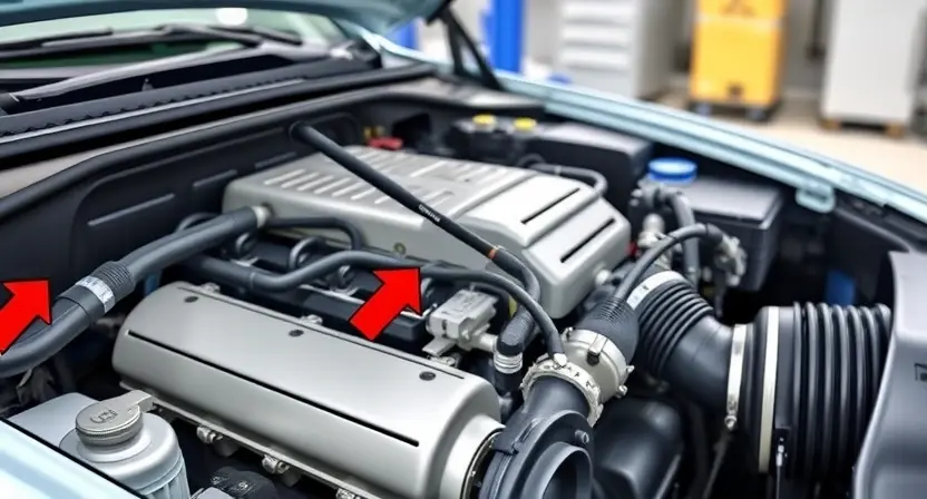 A detailed illustration of a car engine with a focus on the mass airflow sensor (MAF sensor). The MAF sensor should be clearly visible, with arrows indicating airflow direction. The engine should be clean and well-lit, showcasing its components. The background should be a blurred automotive workshop environment.