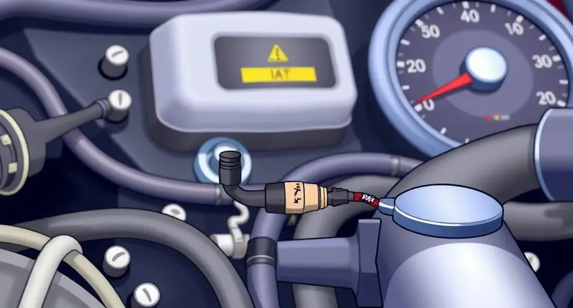 A close-up illustration of an engine bay with a focus on the IAT sensor and its wiring. The sensor should be clearly visible, along with surrounding engine components like hoses and wires. A small, subtle indicator light on the dashboard showing a warning symbol related to engine performance could be included in the background. The overall lighting should be bright and clean, emphasizing the technical details.