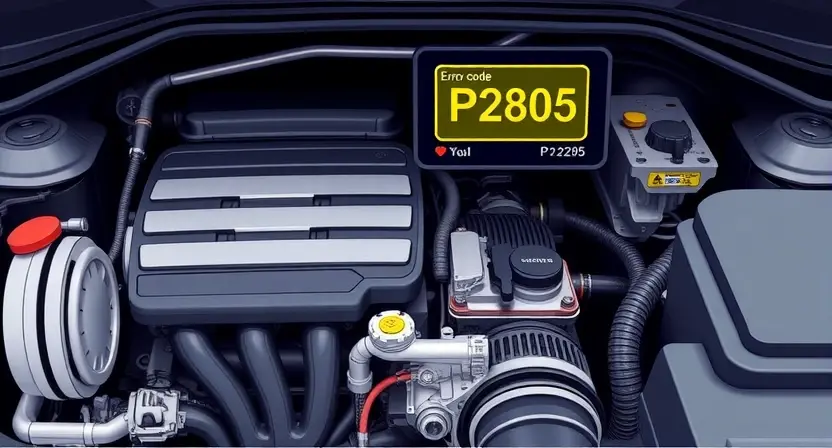 A detailed illustration of a car engine with a highlighted error code P2805 displayed on a digital dashboard. The engine should be realistically rendered, showing various components like pistons, valves, and sensors. The dashboard should be modern and clearly show the error code with accompanying diagnostic information. The overall lighting should be bright and informative.