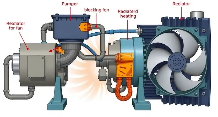 A detailed illustration of an inverter cooling pump, showing its components (pump, motor, radiator, fan) and connections. The image should depict a potential issue with the pump, such as a blockage or overheating, with visual cues indicating a malfunction. Focus on technical accuracy and clarity.