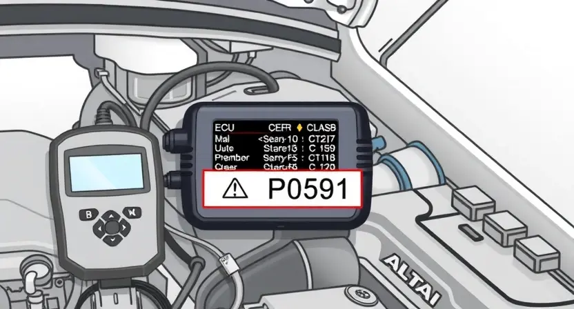 A detailed illustration of a car's engine control unit (ECU) with various diagnostic tools connected, highlighting the P0591 error code indicator. The background should be a clean, professional workshop setting.