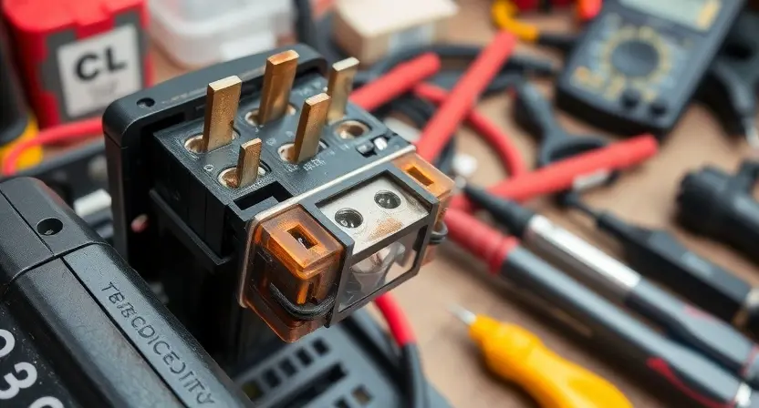 A detailed close-up of a car's main relay with visible wiring connections, showing signs of wear or damage such as frayed wires or burnt contacts. The relay should be in a partially disassembled state to highlight the internal components. The background should include a well-lit workshop setting with common automotive tools like multimeters and screwdrivers arranged neatly on a workbench.